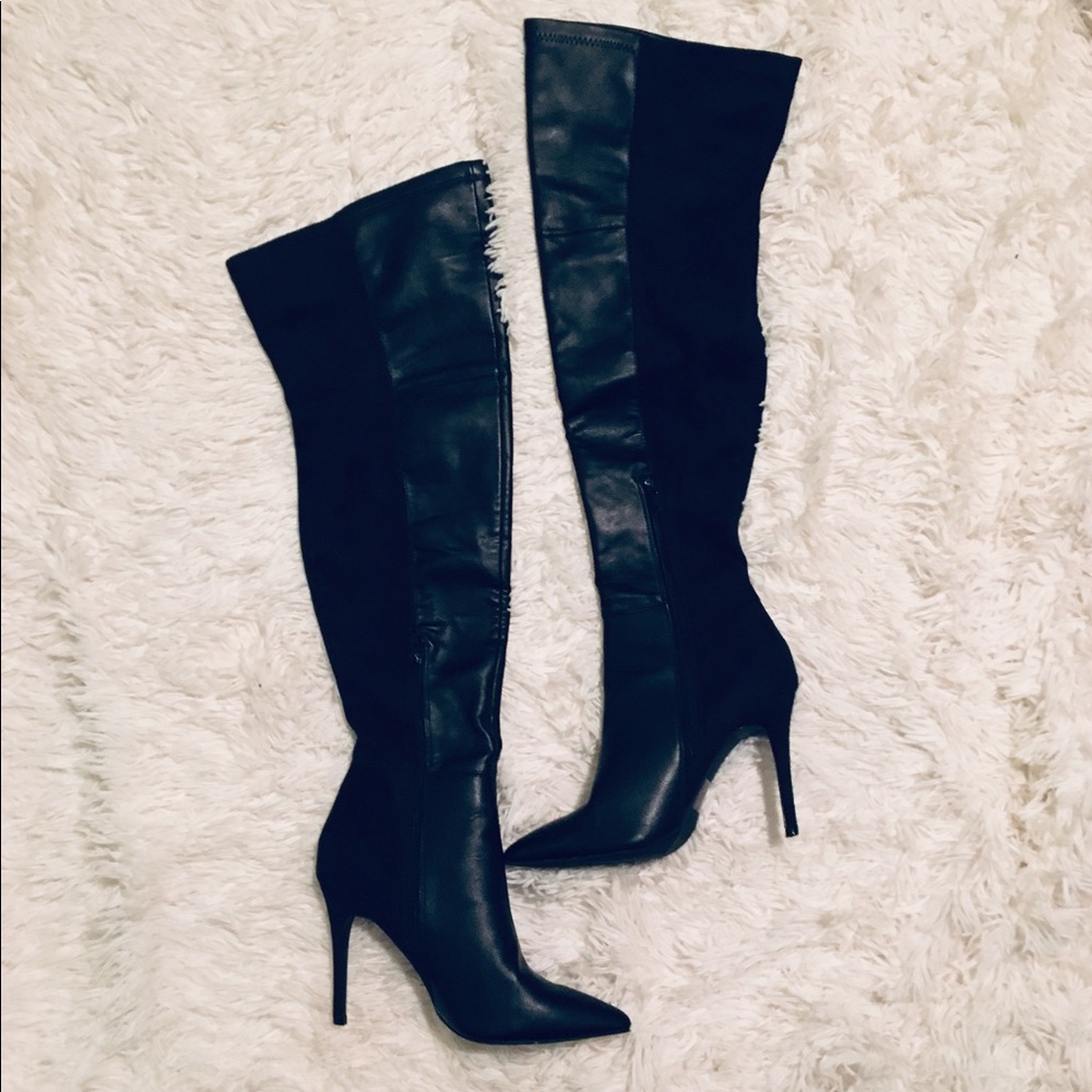 Black Leather & Suede Over-the-Knee Boots